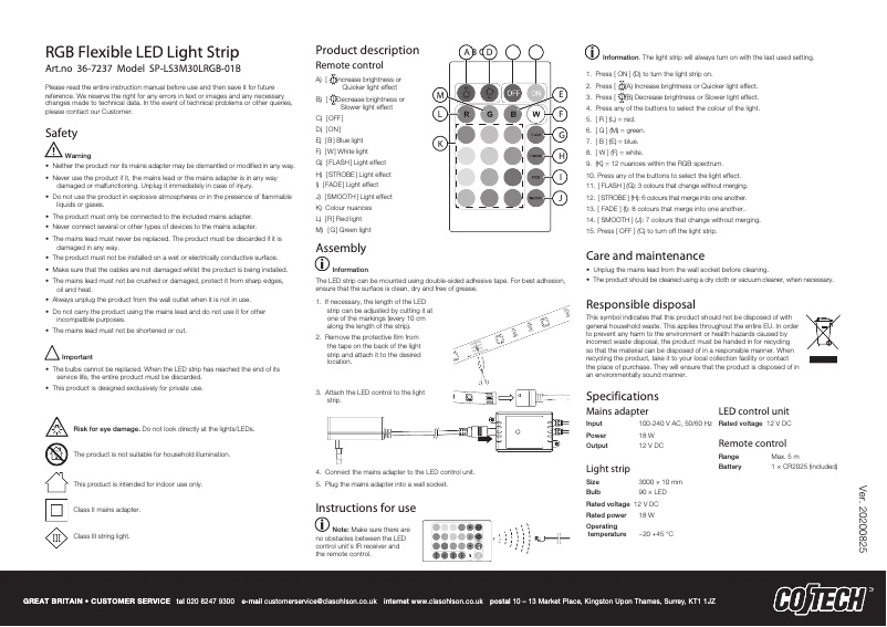 Page n°1 - Manuel utilisateur Cotech SP-LS3M30LRGB-01B