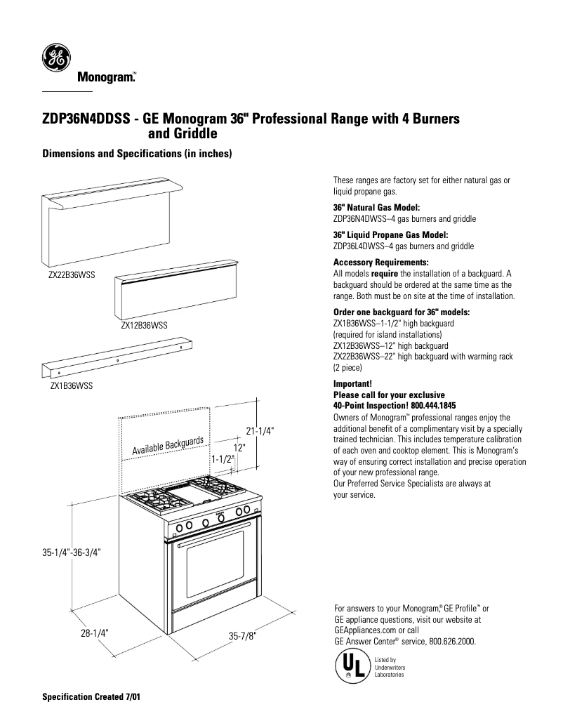 Page 1 de la notice Fiche technique GE ZDP36N4DDSS