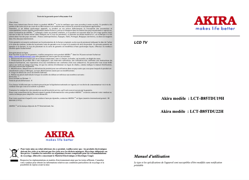 Page n°1 - Manuel utilisateur Akira LCT-B85TDU19H