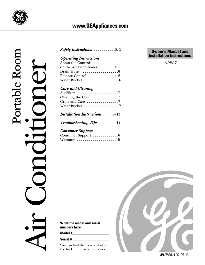 Page 1 de la notice Manuel utilisateur GE APE07AH