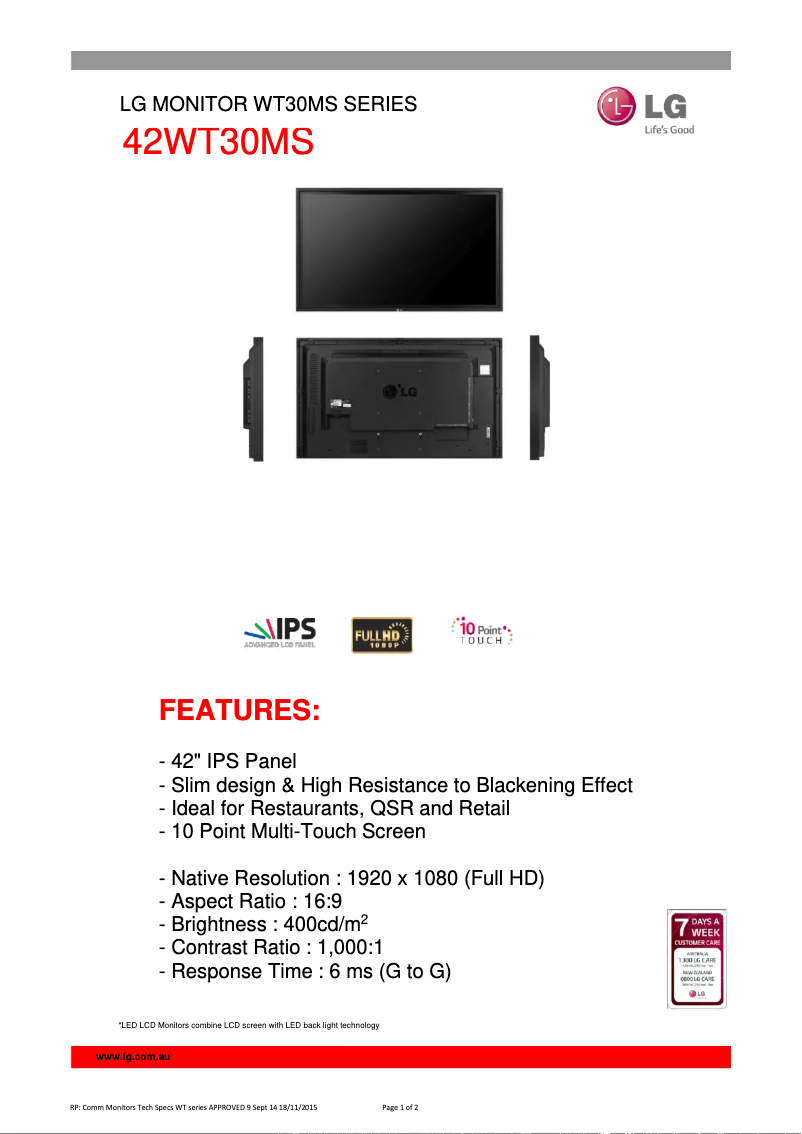 Page 1 de la notice Fiche technique LG 42WT30MS-B