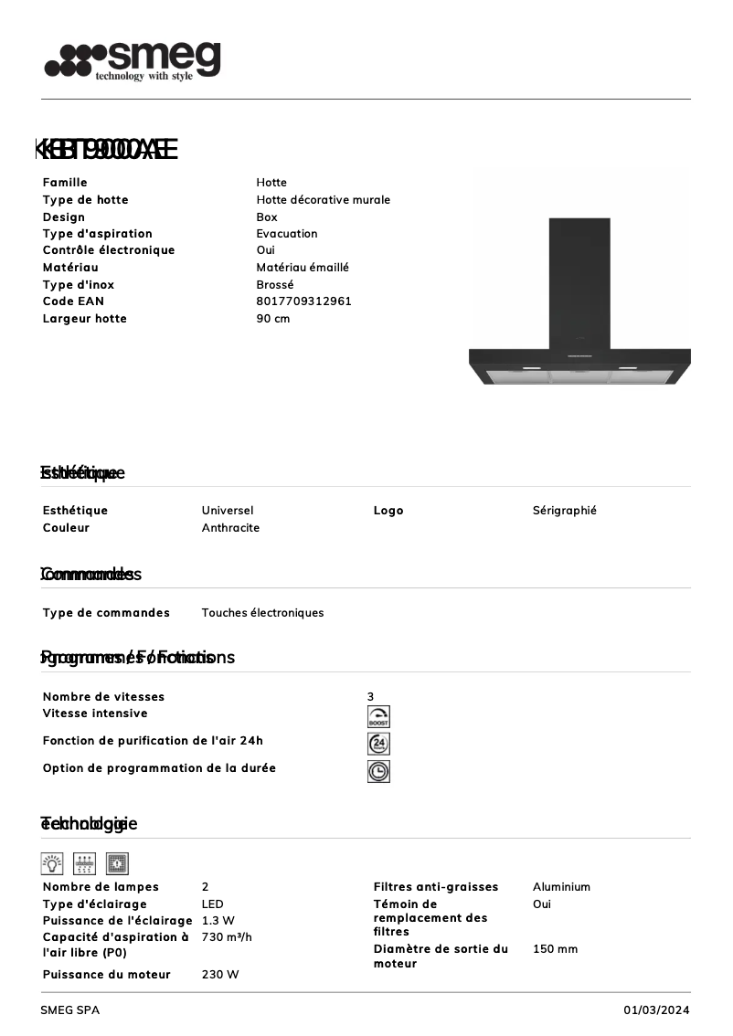 Page n°1 - Fiche technique Smeg KBT900AE