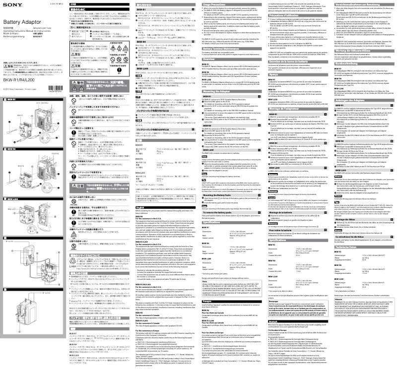 Page 1 de la notice Manuel utilisateur Sony BKW-R4