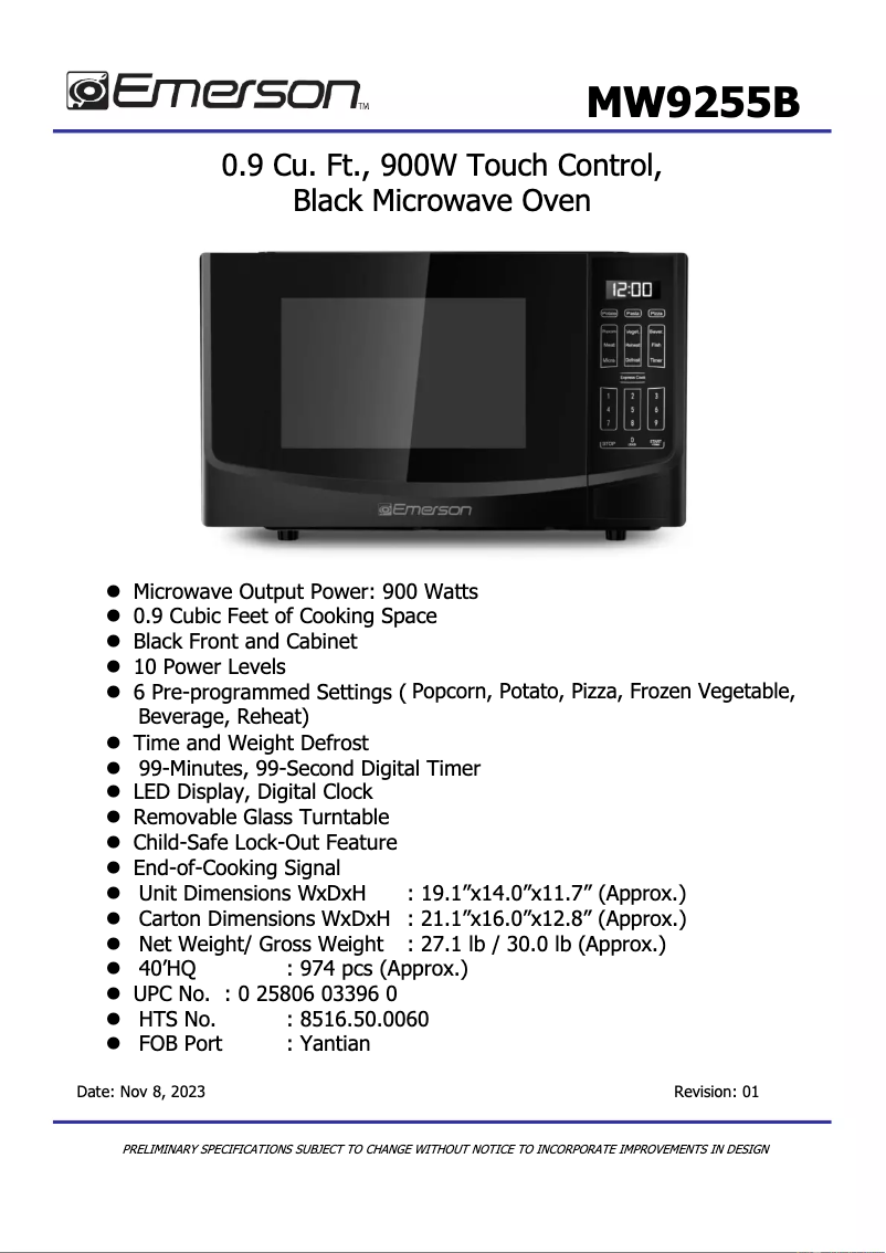 Page 1 de la notice Fiche technique Emerson MW9255B
