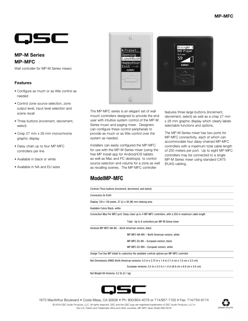 Page n°1 - Fiche technique QSC MP-MFC Controller