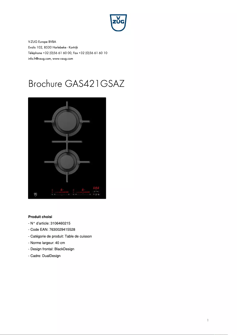 Page 1 de la notice Brochure V-Zug GAS421GSAZ