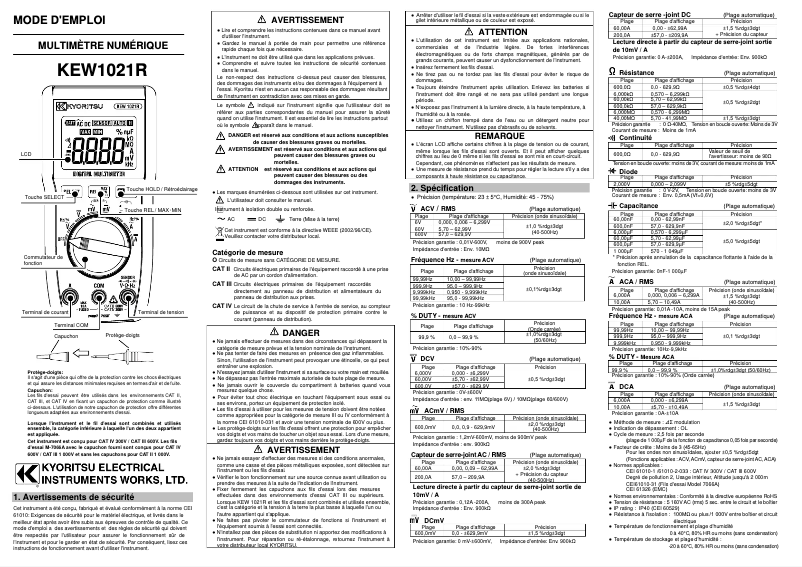 Image de la première page du manuel de l'appareil KEW1021R