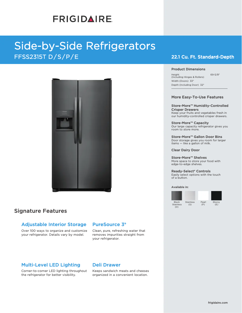 Page 1 de la notice Fiche technique Frigidaire FFSS2315TP
