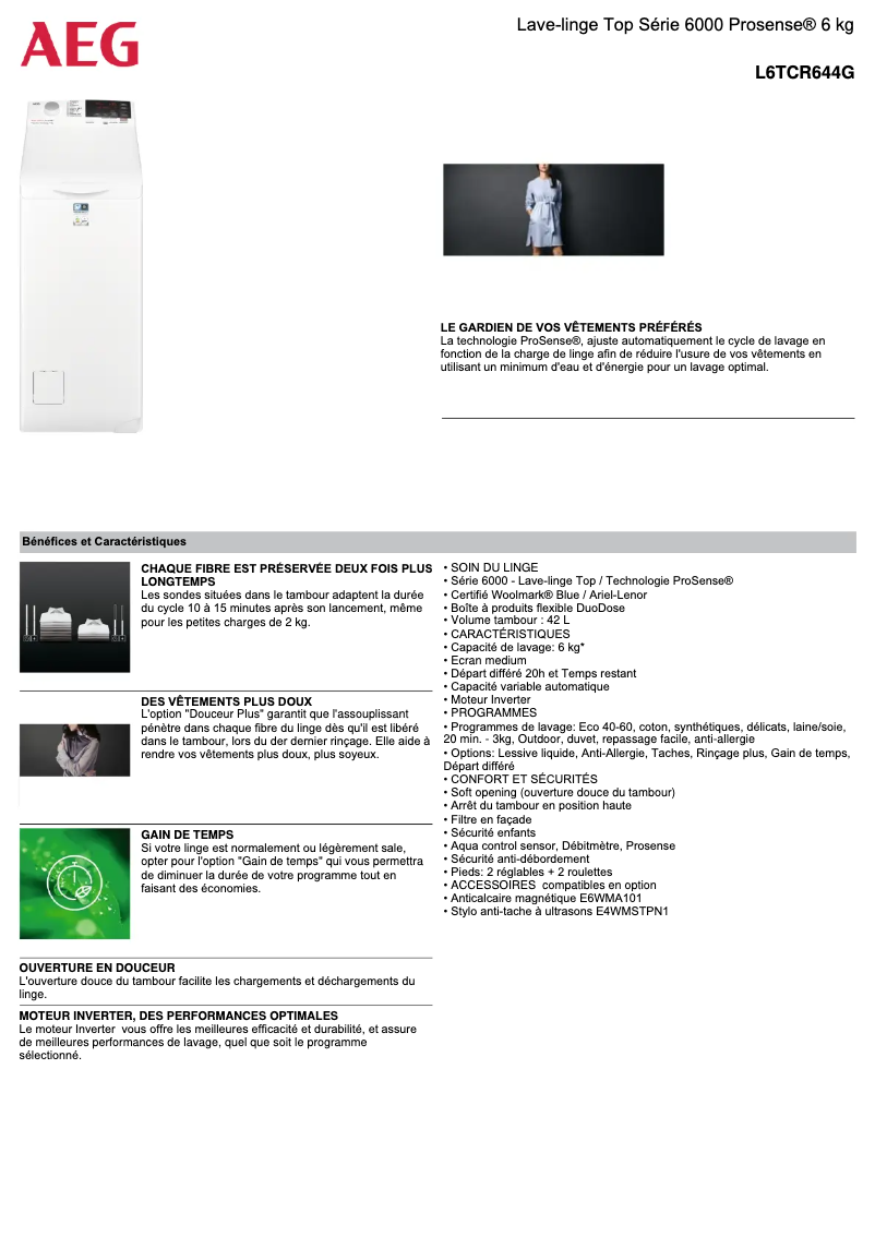 Page n°1 - Fiche technique AEG L6TCR644G