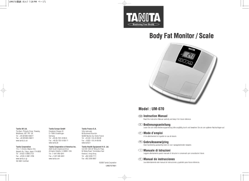 Page 1 de la notice Manuel utilisateur Tanita UM-070