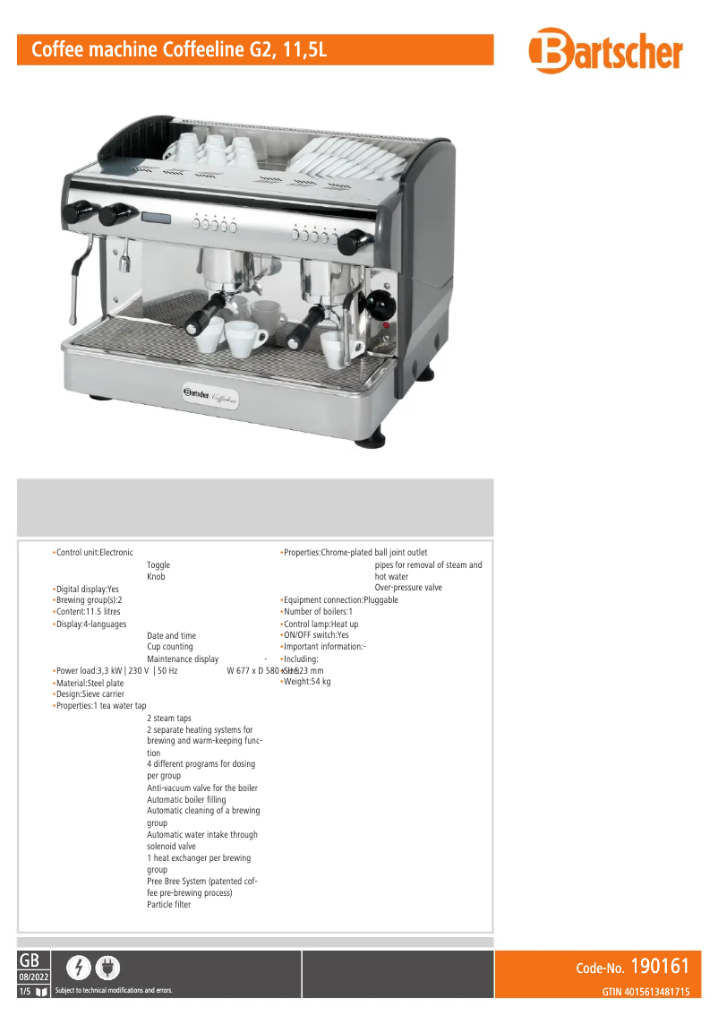 Page n°1 - Fiche technique Bartscher Coffeeline G2/11,5L