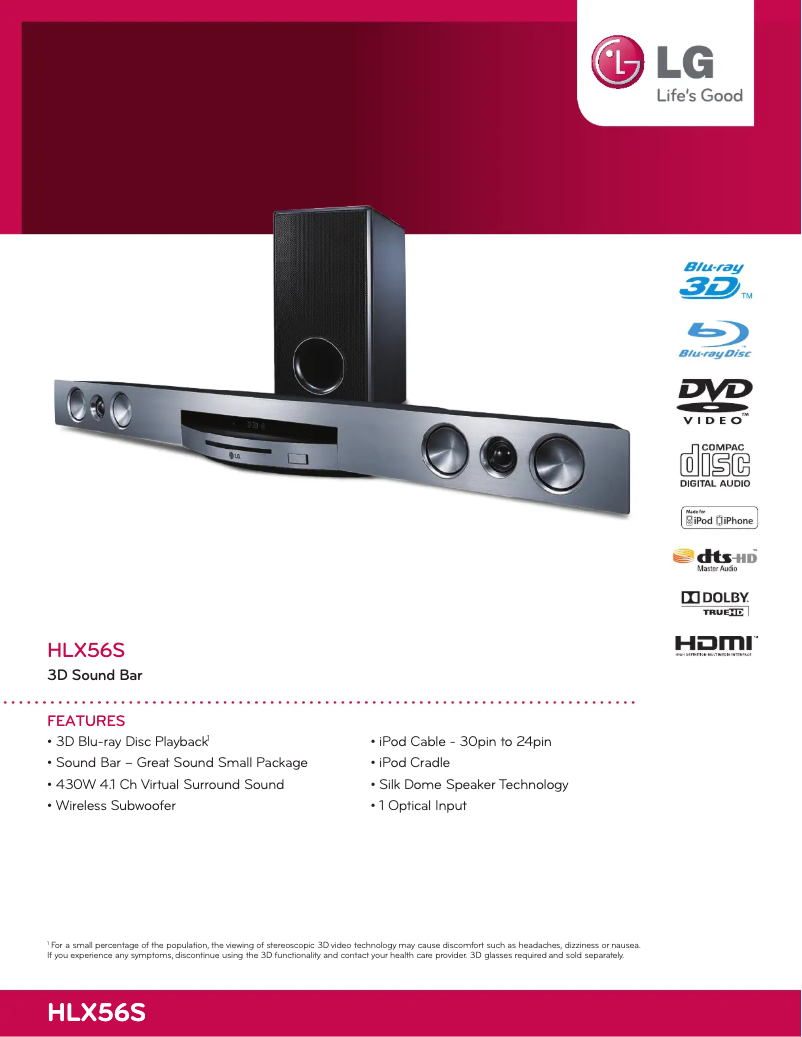 Page 1 de la notice Fiche technique LG HLX56S