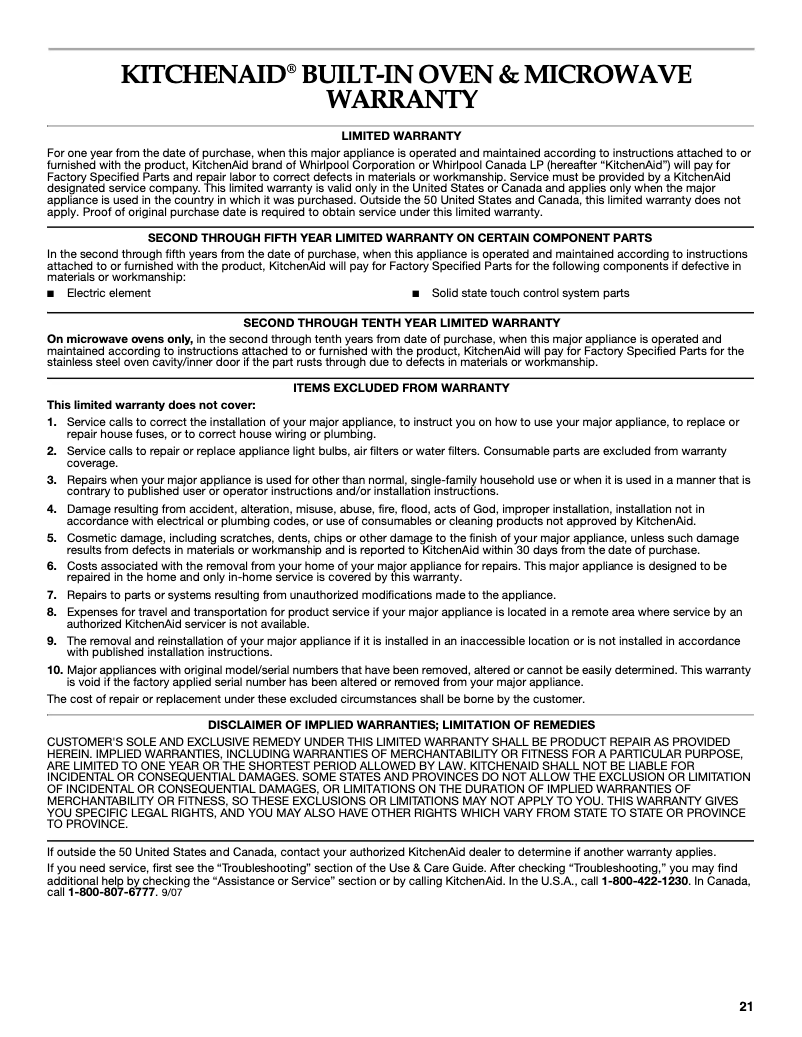 Page n°1 - Informations de garantie KitchenAid Architect KEBK171BSS