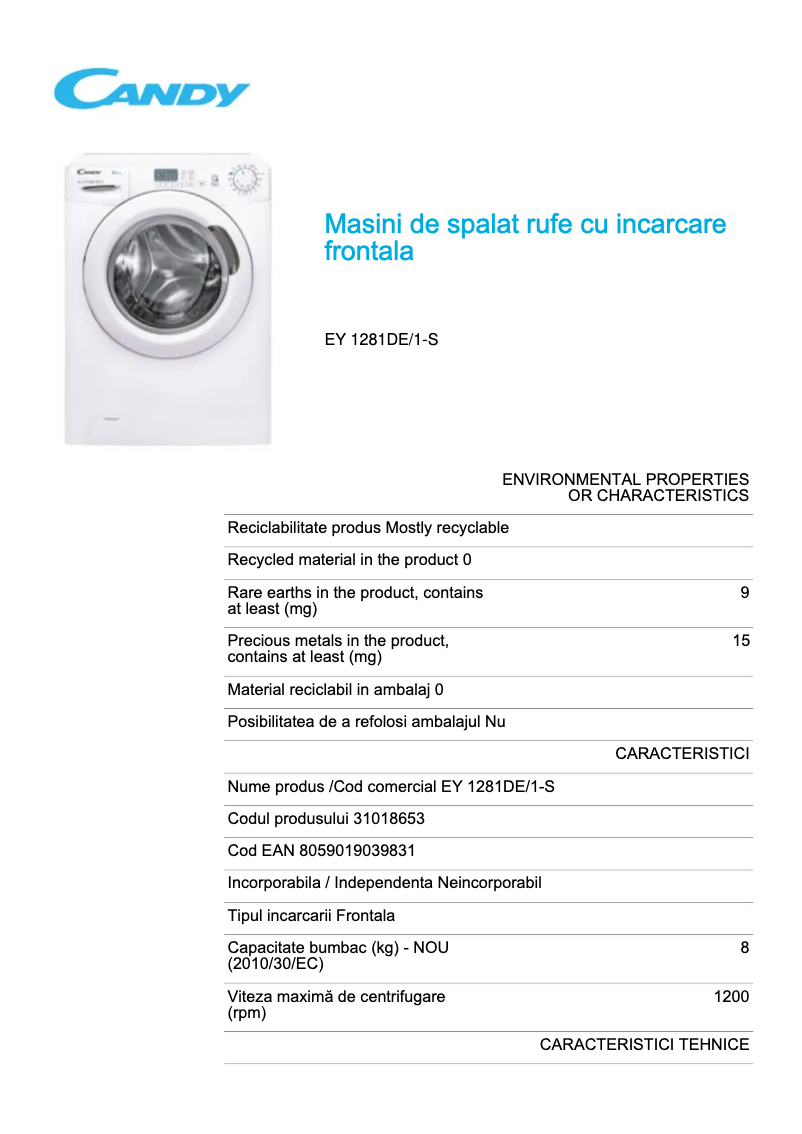 Page 1 de la notice Fiche technique Candy EY 1281DE/1-S