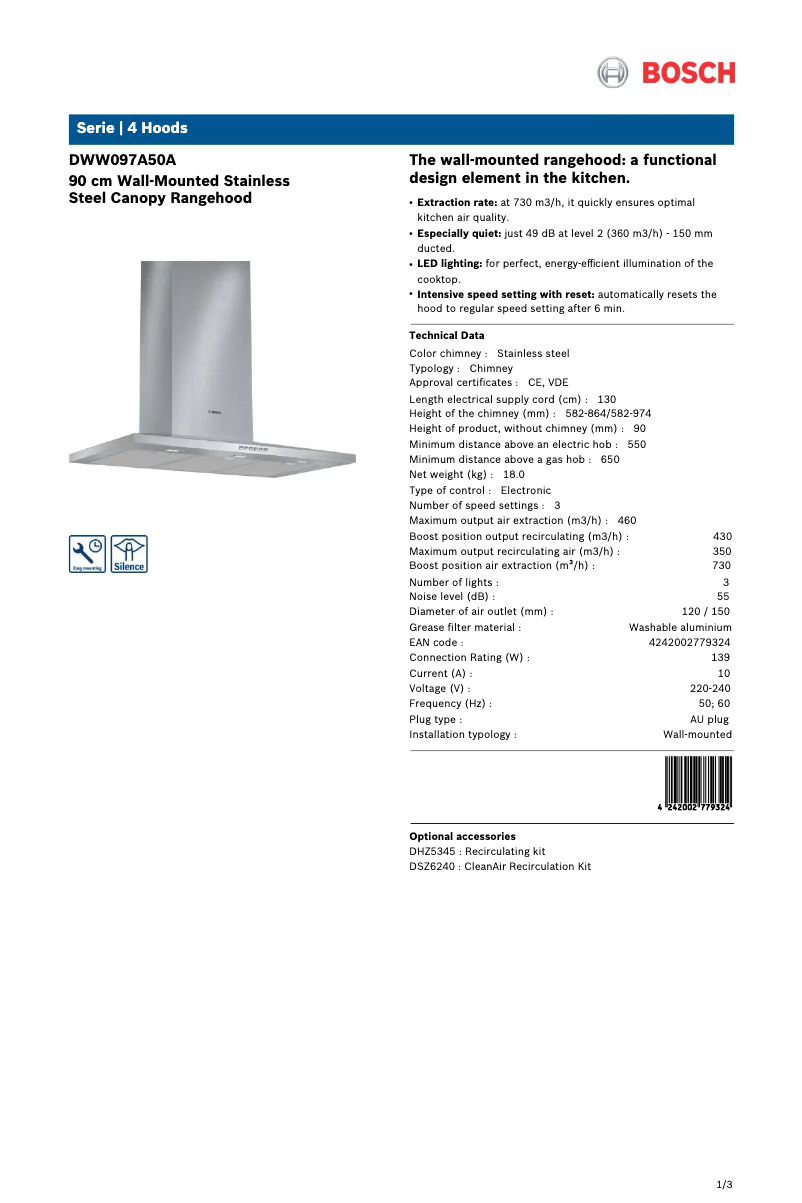 Page 1 de la notice Fiche technique Bosch DWW097A50A