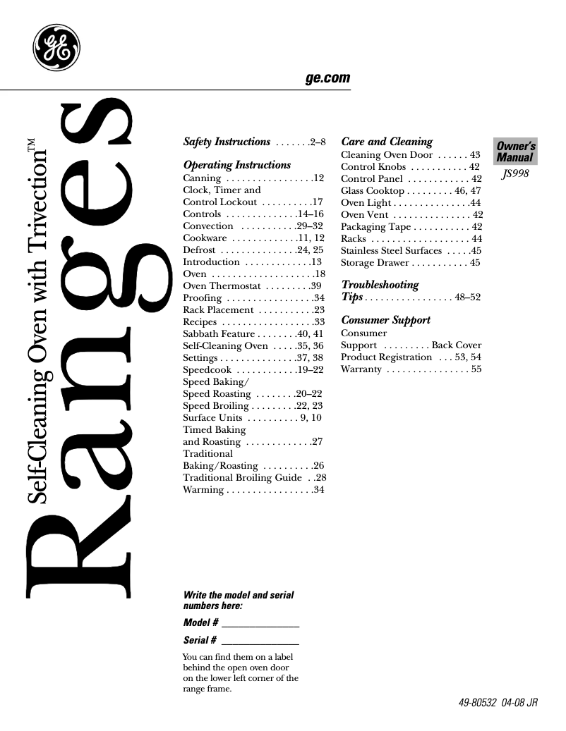 Image de la première page du manuel de l'appareil Profile JS998TKWW