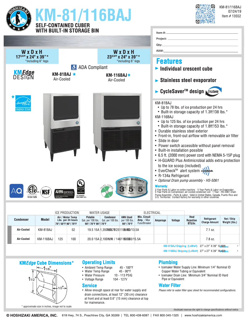 Page 1 de la notice Fiche technique Hoshizaki KM-101BAH