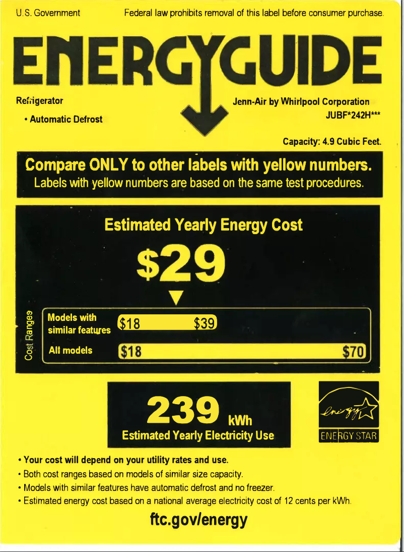 Page 1 de la notice Label énergétique JennAir JUBFL242HX