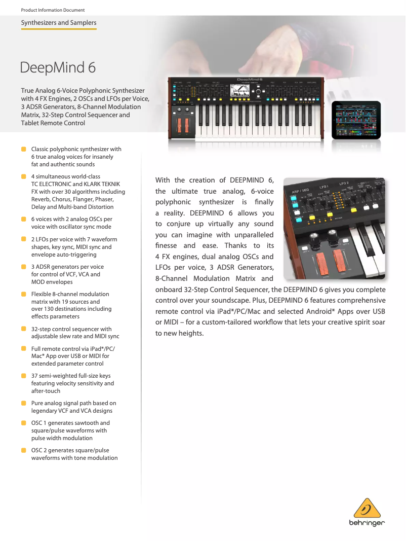 Page 1 de la notice Fiche technique Behringer DeepMind 6