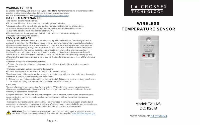 Page 1 de la notice Manuel utilisateur La Crosse Technology TX141V4