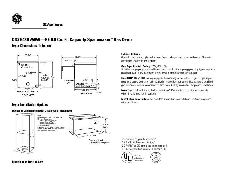 Page n°1 - Fiche technique GE DSXH43GVWW