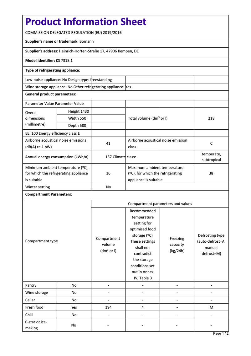 Page 1 de la notice Fiche technique Bomann KS 7315.1
