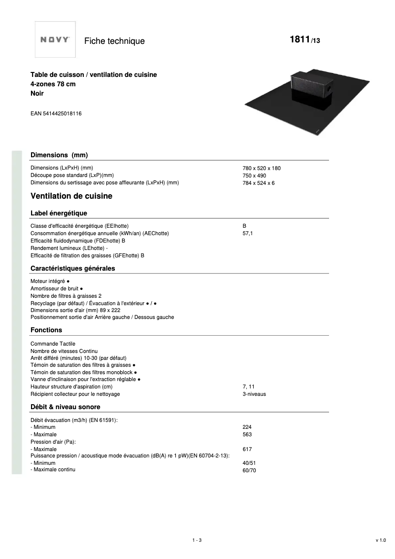 Page 1 de la notice Fiche technique Novy One Pro 1811