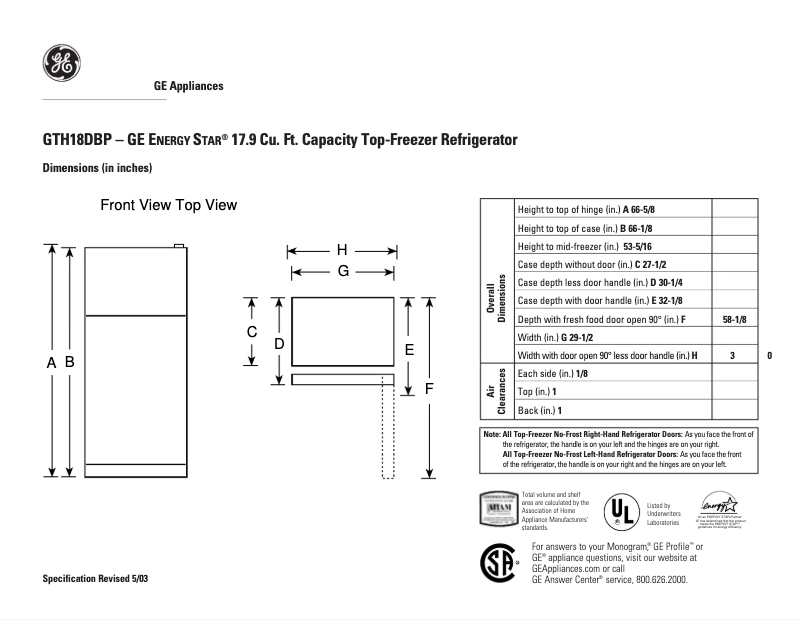 Página 1 del manual Ficha técnica GE GTH18DBPRWW