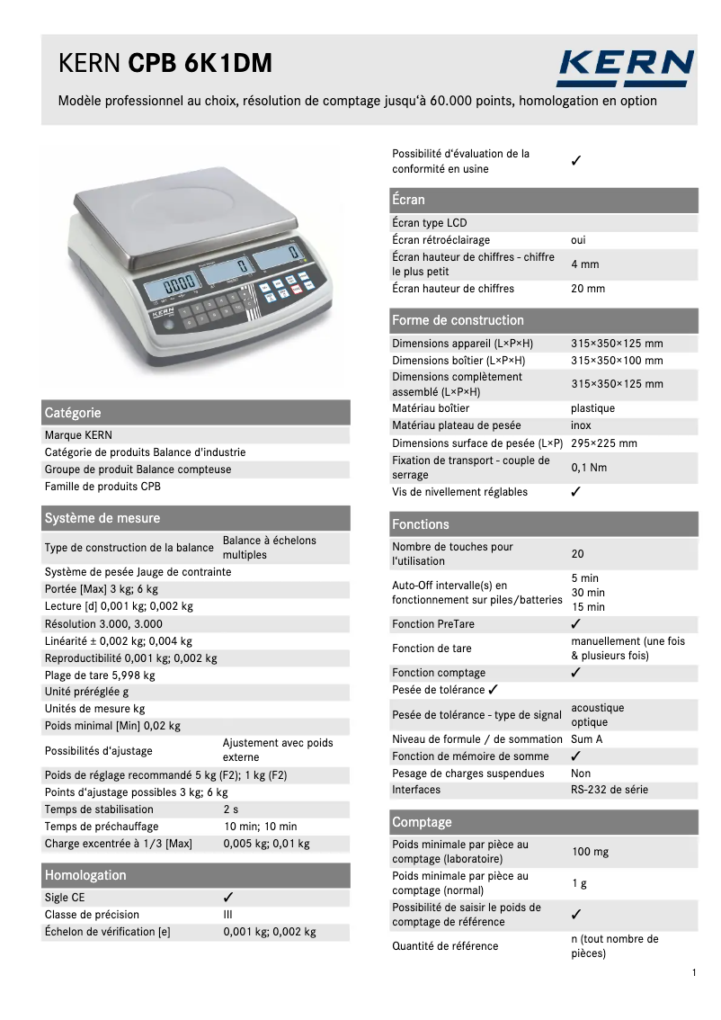 Page 1 de la notice Fiche technique Kern CPB 6K1DM