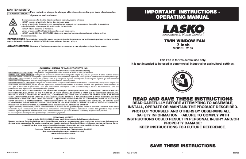 Page 1 de la notice Manuel utilisateur Lasko 2137