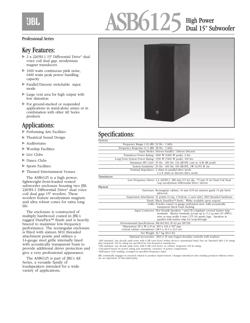 Page 1 de la notice Brochure JBL ASB6125