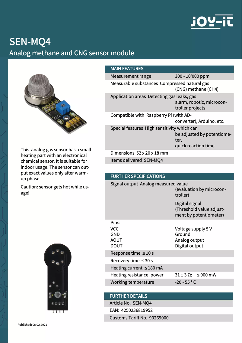 Página 1 del manual Ficha técnica Joy-It SEN-MQ4