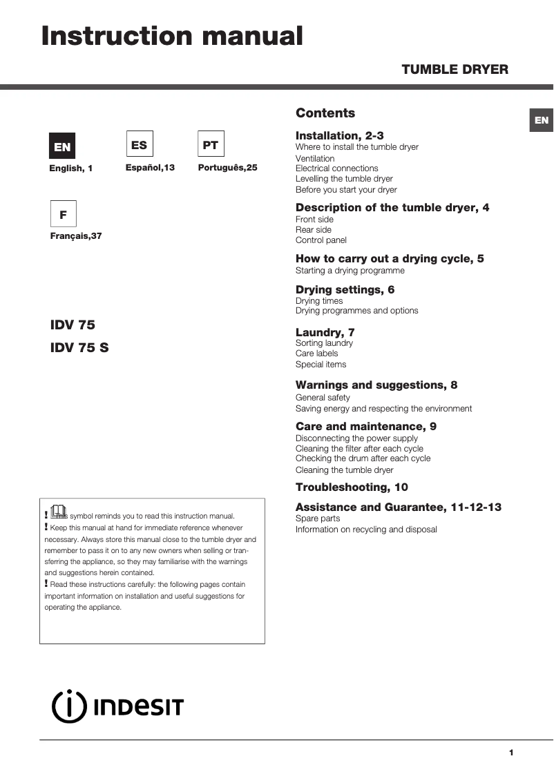 Page n°1 - Manuel utilisateur Indesit IDV 75 (ZA)