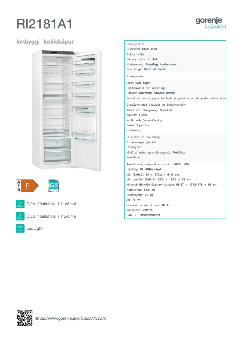 Page n°1 - Fiche technique Gorenje RI2181A1