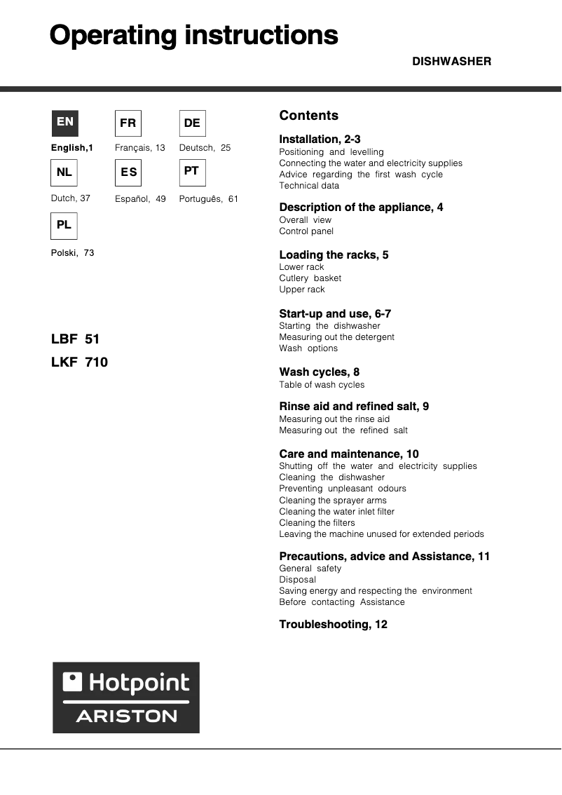 Page n°1 - Manuel utilisateur Hotpoint Ariston LBF 51