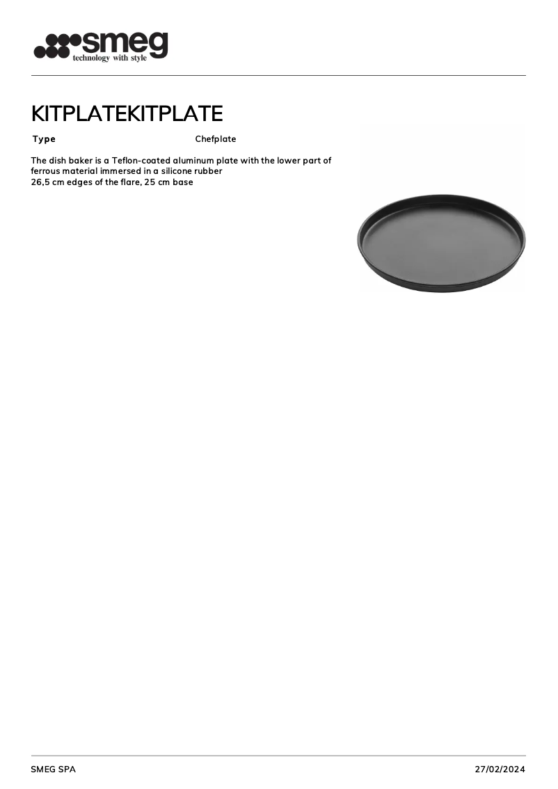 Page 1 of the manual Technical Sheet Smeg KITPLATE