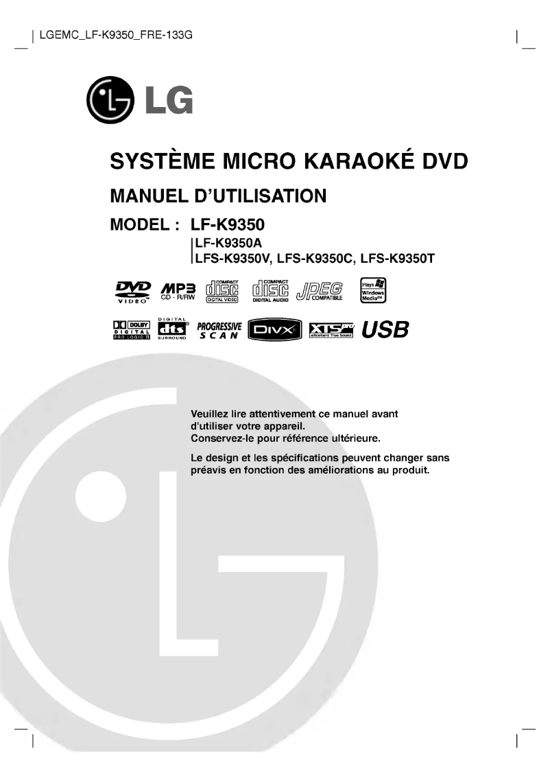 Page 1 de la notice Manuel utilisateur LG LF-K9350A