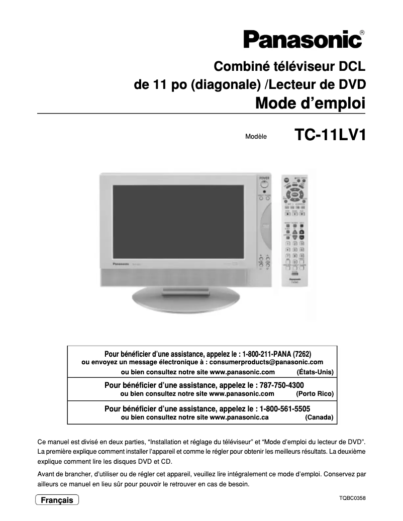 Page 1 de la notice Manuel utilisateur Panasonic TC-11LV1