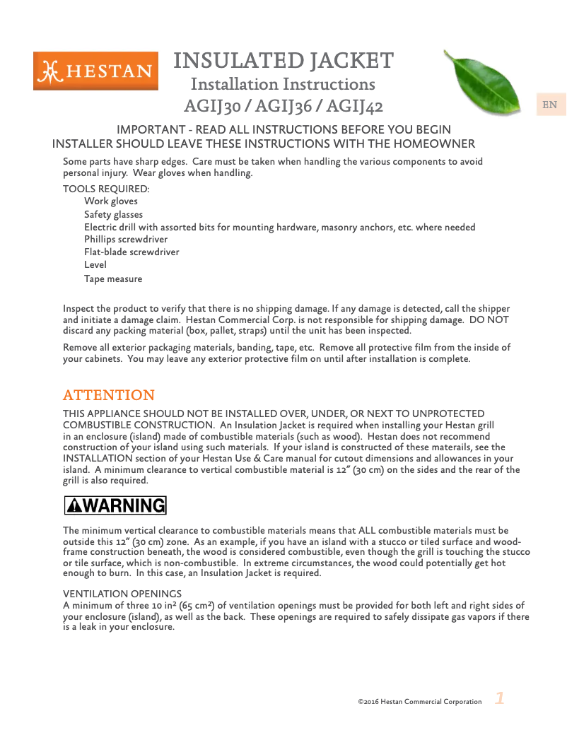 Page 1 de la notice Guide d'installation Hestan AGIJ30