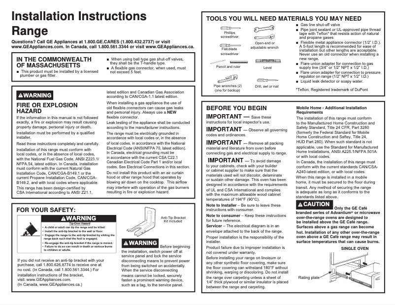 Page 1 de la notice Guide d'installation GE JGS760SELSS