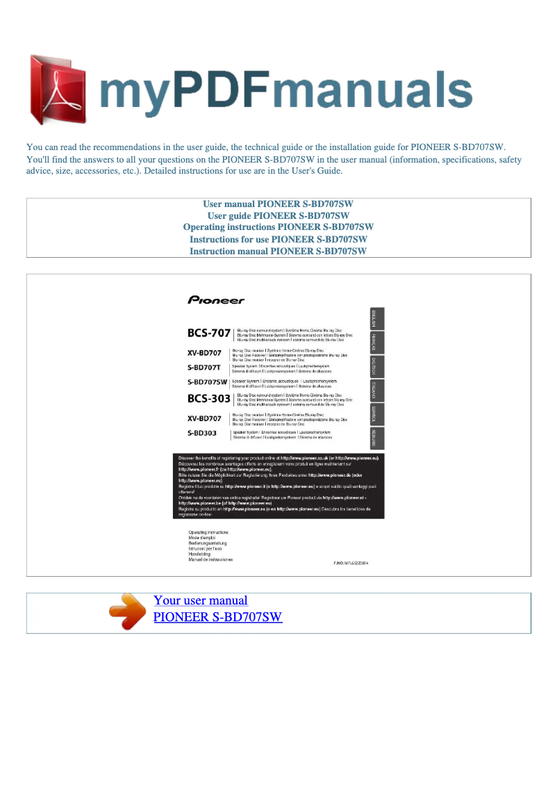 Page n°1 - Manuel utilisateur Pioneer S-BD707SW