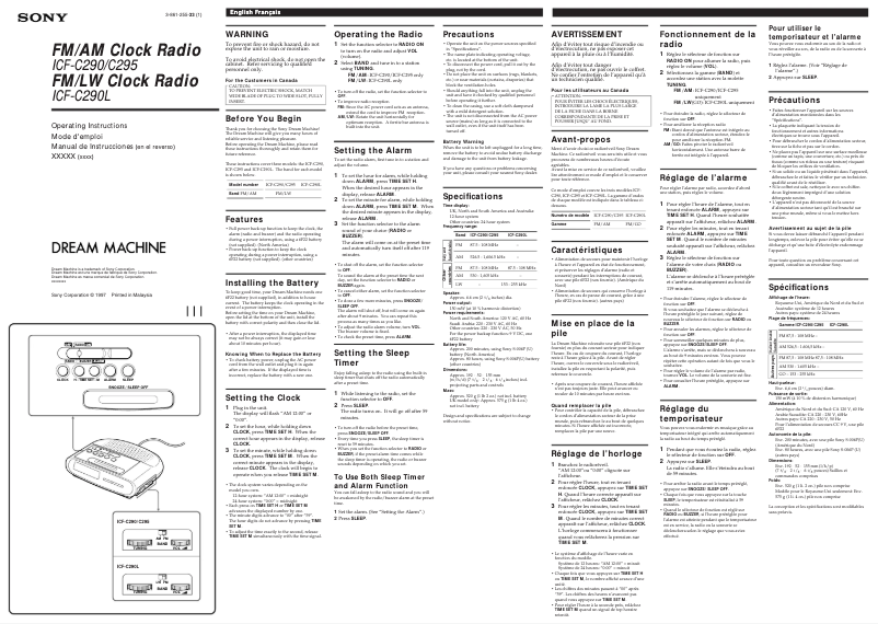 Page n°1 - Manuel utilisateur Sony ICF-C290