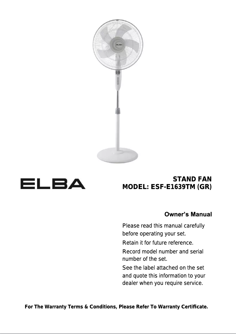 Page 1 de la notice Manuel utilisateur Elba ESF-E1639TM(GR)