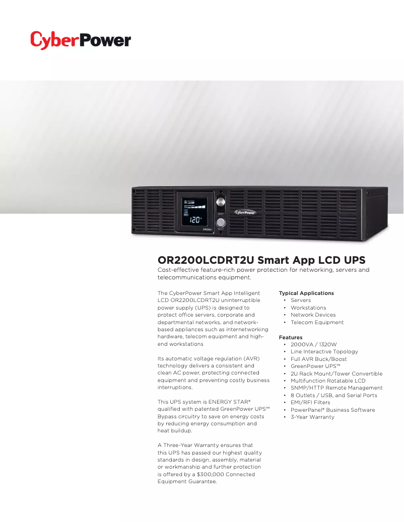 Page 1 de la notice Fiche technique CyberPower Smart App LCD OR2200LCDRT2U