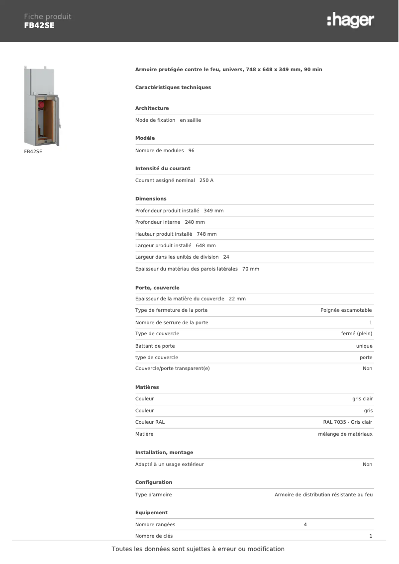 Page 1 of the manual Technical Sheet Hager FB42SE