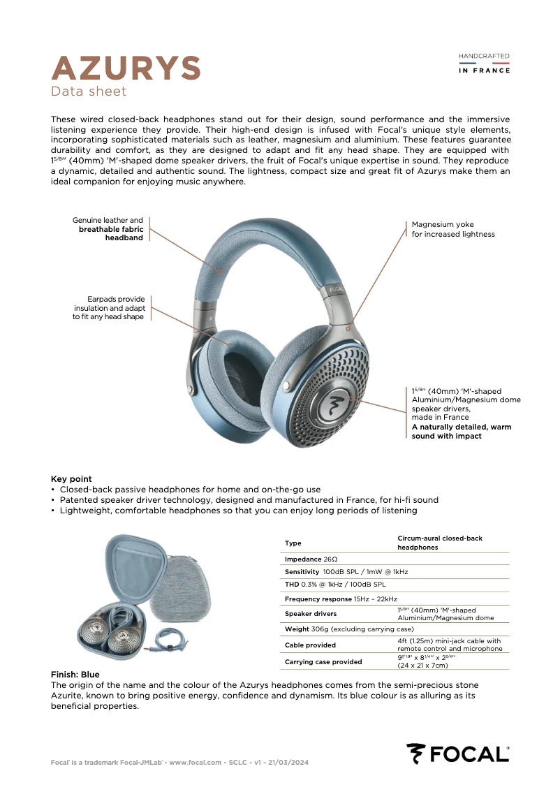 Página 1 del manual Ficha técnica Focal Azurys