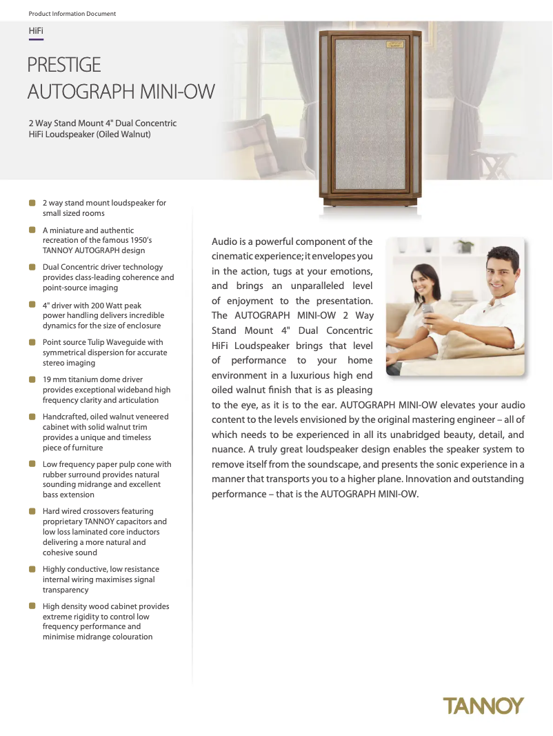 Page 1 de la notice Fiche technique Tannoy AUTOGRAPH MINI-OW