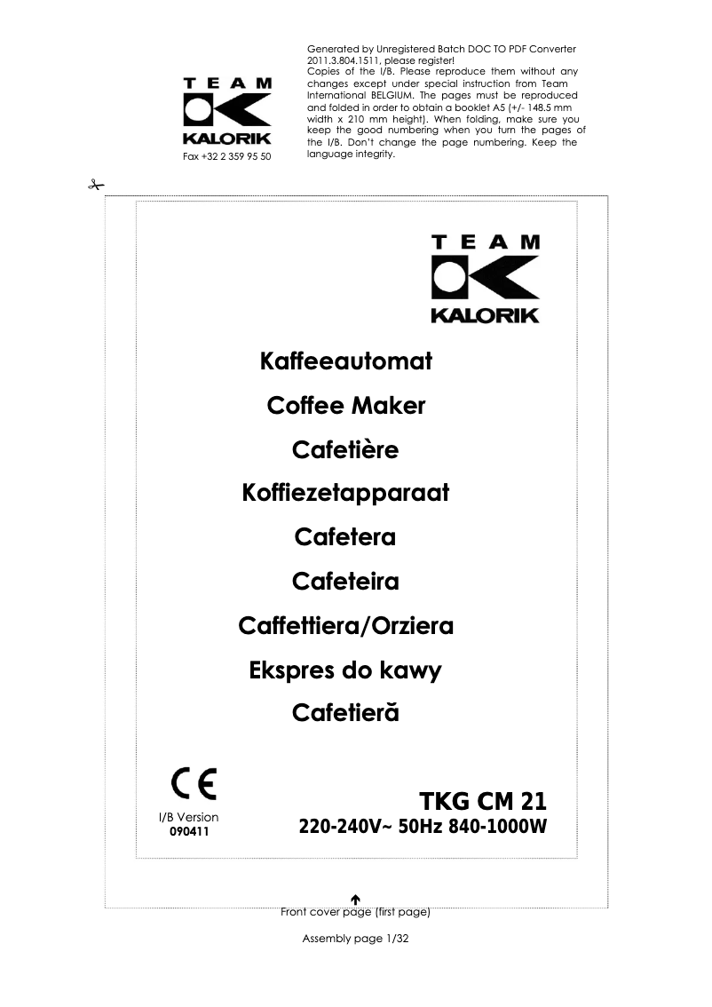 Image de la première page du manuel de l'appareil TKG CM 21