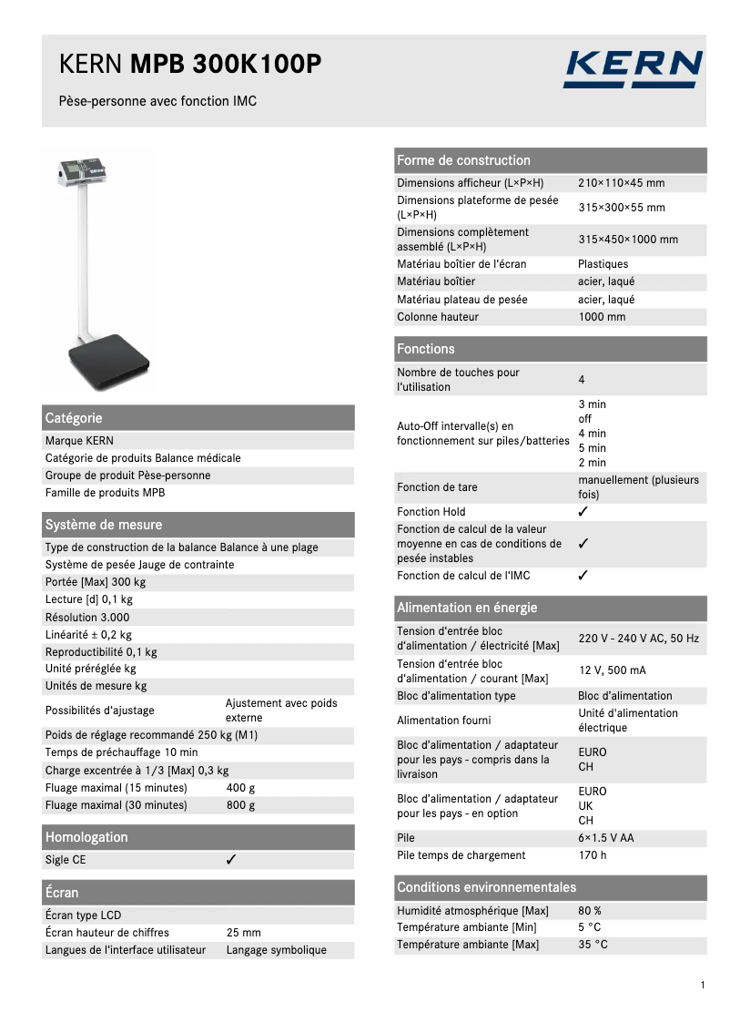 Page 1 de la notice Fiche technique Kern MPB 300K100P d