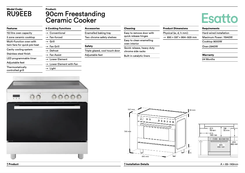 Page 1 de la notice Fiche technique Esatto RU9EEPK